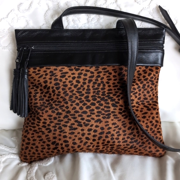 Lisette Hair On Hide Animal Print Black Leather Tassels  Shoulder Bag - Picture 1 of 15